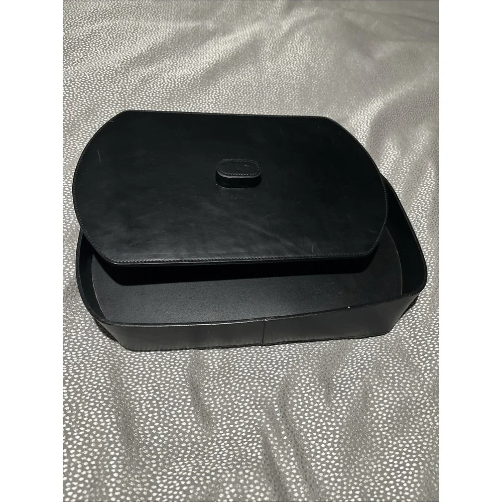 Levenger Full Grain Black Leather Storage Large Tray w/ Lid Organizer Office Bar